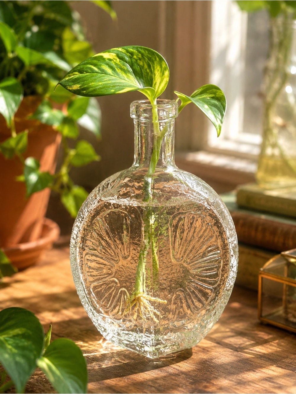 Clear Glass Orange Shaped Propagation Bottle Citrus Embossed Bud Vase 6”